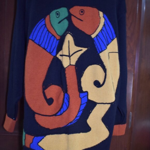 VTG CRISCA by Escada Fish Print Color Block Wool Cardigan Sweater Sz Large Rare - Picture 8 of 16